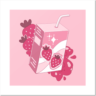 The cute pink strawberry milk in carton with some berries Posters and Art